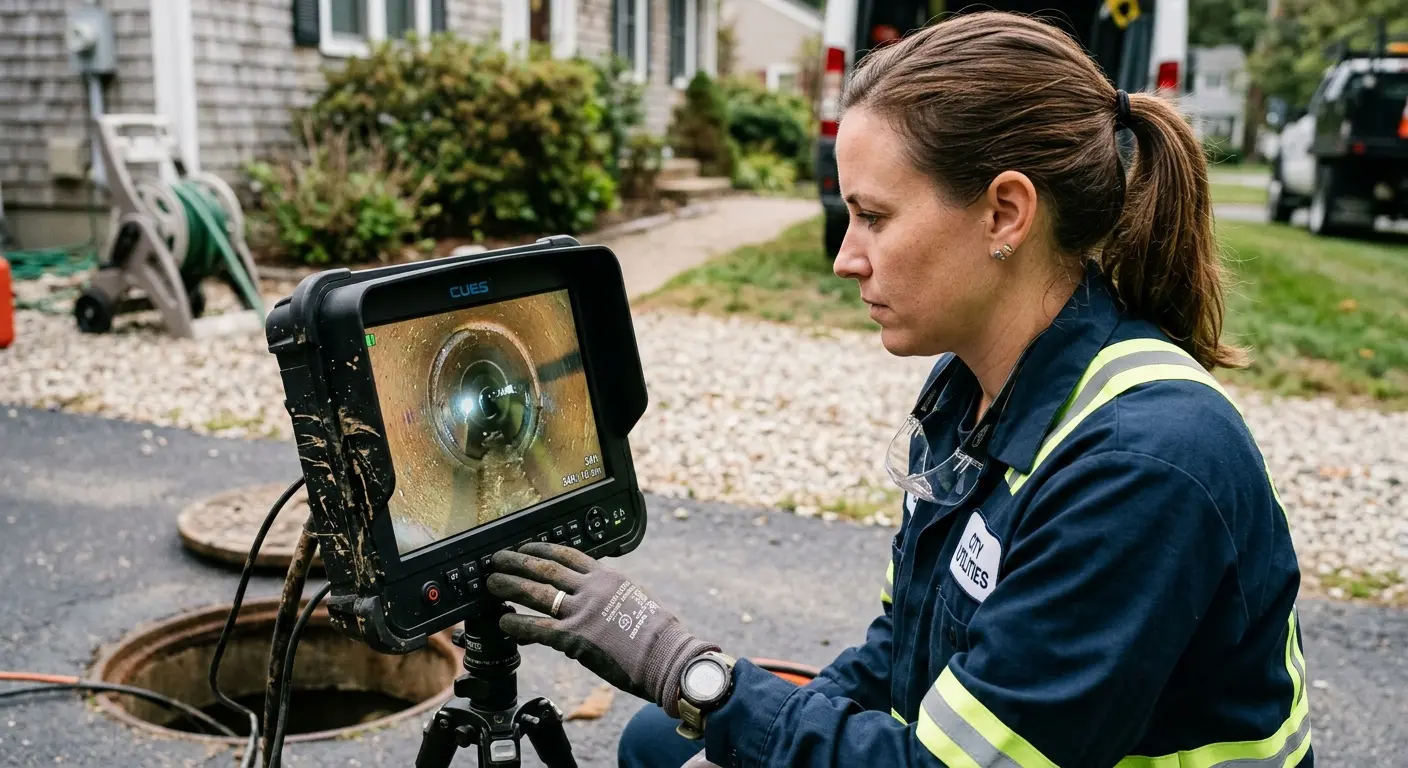 Technician reviewing sewer camera inspection footage in Haysville