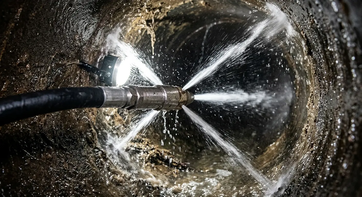 High-pressure hydro jetting nozzle cleaning sewer pipe for Emergency Drain Service in Haysville
