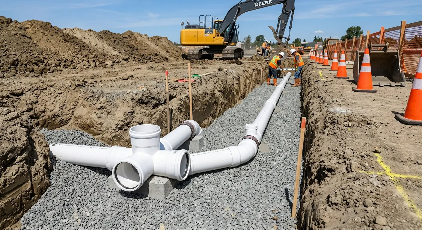 New PVC sewer pipe installation in open trench for Sewer Camera Inspection in Haysville