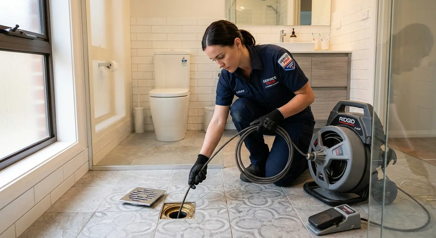 Technician clearing a bathroom floor drain for Sewer Line Installation in Haysville